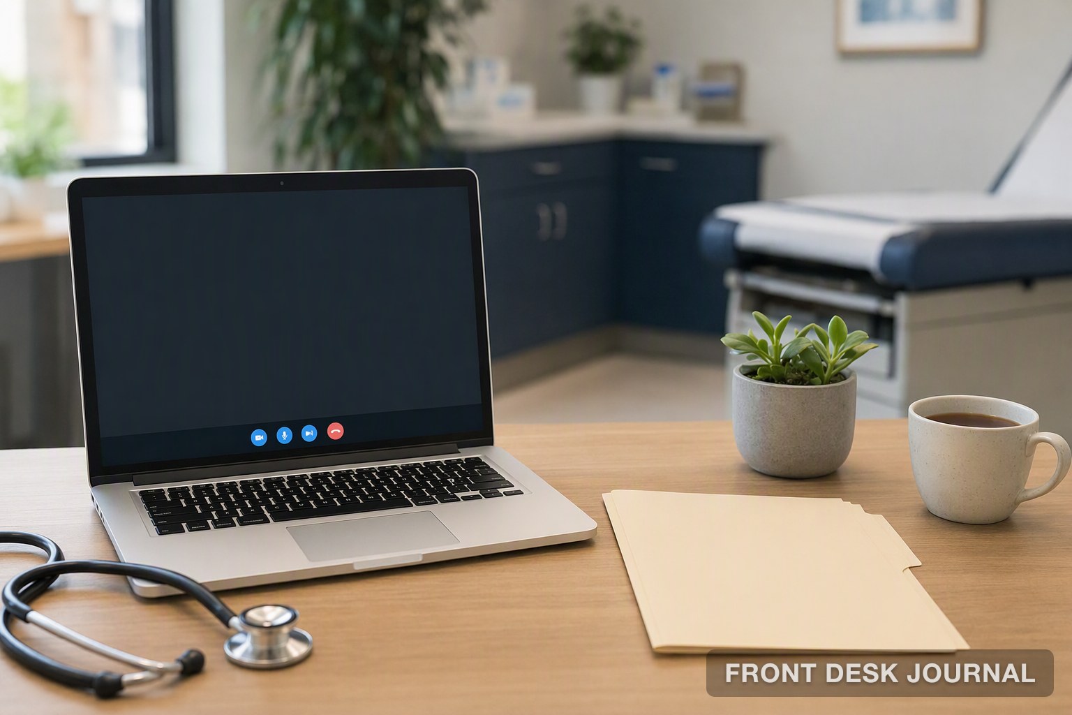 Laptop ready for a telehealth video visit on a clinic desk next to a stethoscope